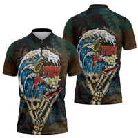 Aloha Hawaii Surfing Skull Zipper Polo Shirt Shaka Skeleton Ride The Waves - Polynesian Pride