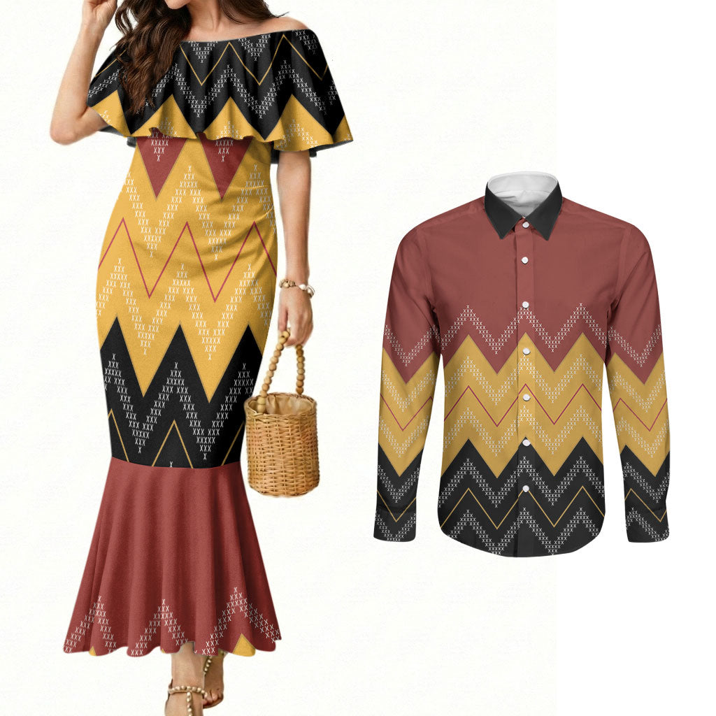 Kaokao Maori Tukutuku Inspired New Zealand Couples Matching Mermaid Dress and Long Sleeve Button Shirt LT14 Multicolor - Polynesian Pride