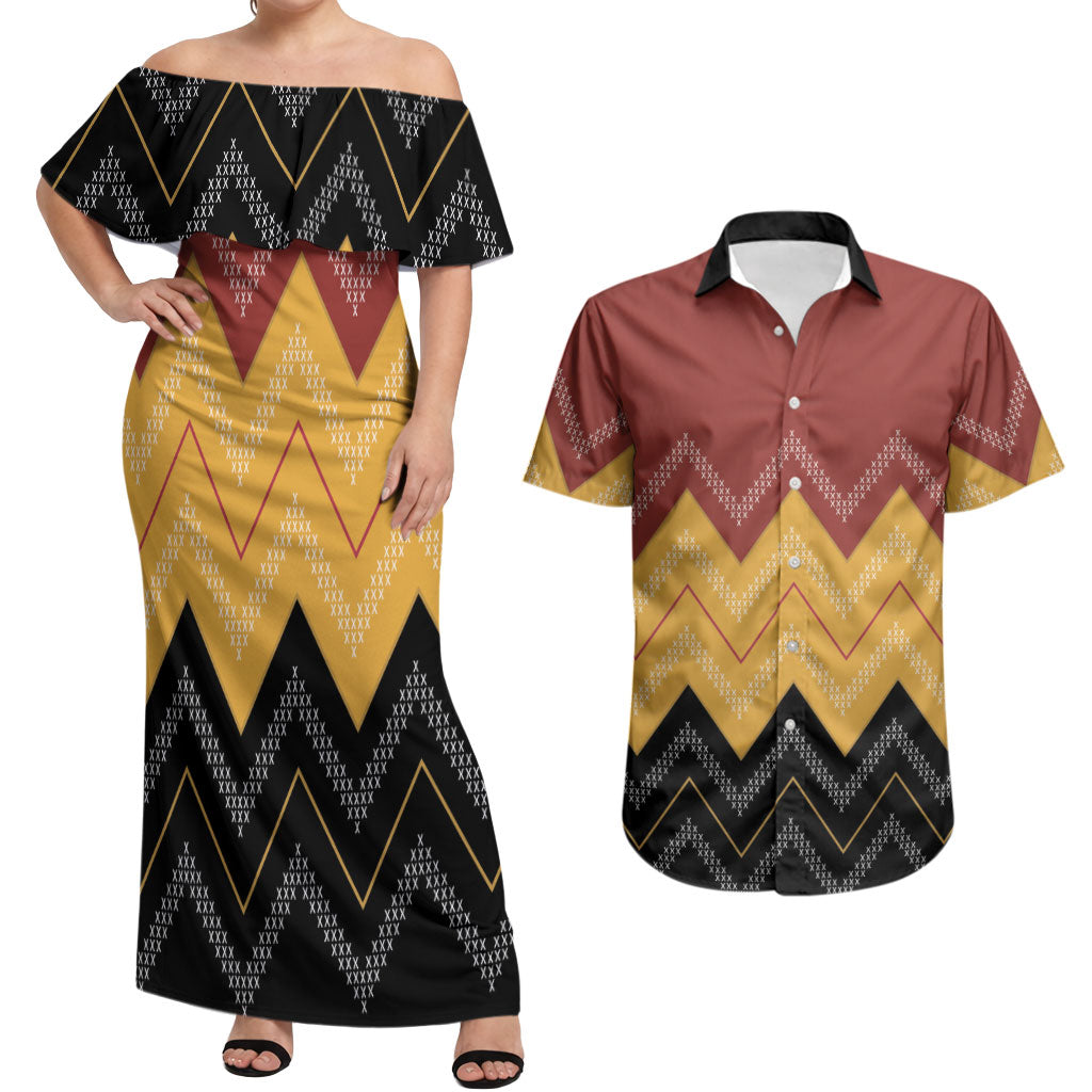 Kaokao Maori Tukutuku Inspired New Zealand Couples Matching Off Shoulder Maxi Dress and Hawaiian Shirt LT14 Multicolor - Polynesian Pride