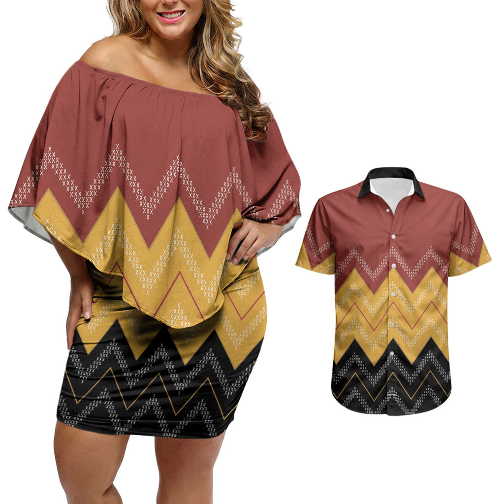 Kaokao Maori Tukutuku Inspired New Zealand Couples Matching Off Shoulder Short Dress and Hawaiian Shirt LT14 Multicolor - Polynesian Pride