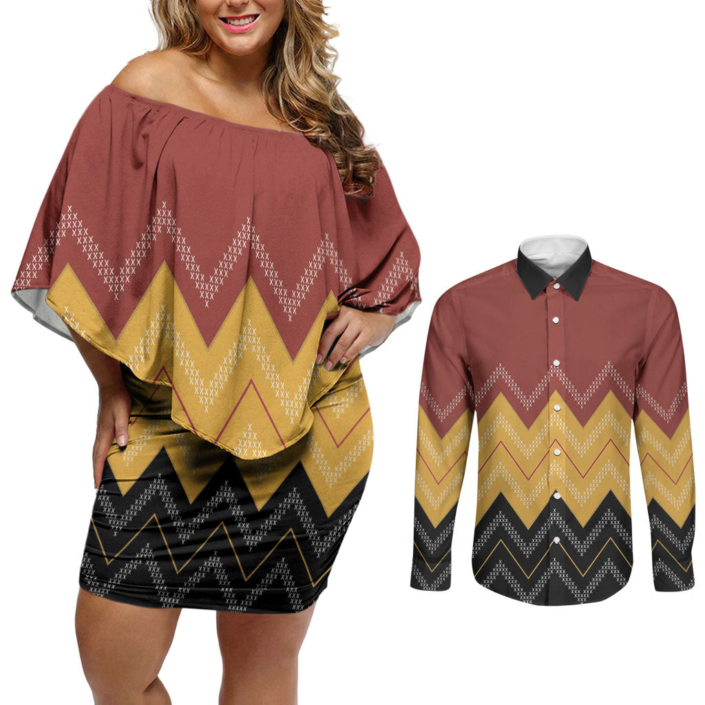 Kaokao Maori Tukutuku Inspired New Zealand Couples Matching Off Shoulder Short Dress and Long Sleeve Button Shirt