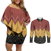 Kaokao Maori Tukutuku Inspired New Zealand Couples Matching Off Shoulder Short Dress and Long Sleeve Button Shirt LT14 Multicolor - Polynesian Pride