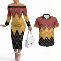 Kaokao Maori Tukutuku Inspired New Zealand Couples Matching Off The Shoulder Long Sleeve Dress and Hawaiian Shirt LT14 Multicolor - Polynesian Pride