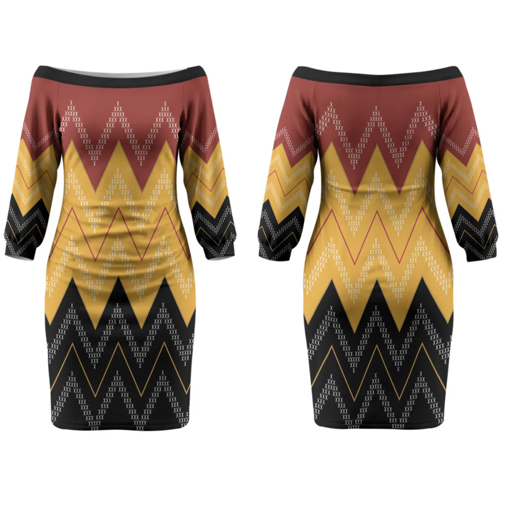 Kaokao Maori Tukutuku Inspired New Zealand Couples Matching Off The Shoulder Long Sleeve Dress and Hawaiian Shirt LT14 - Polynesian Pride