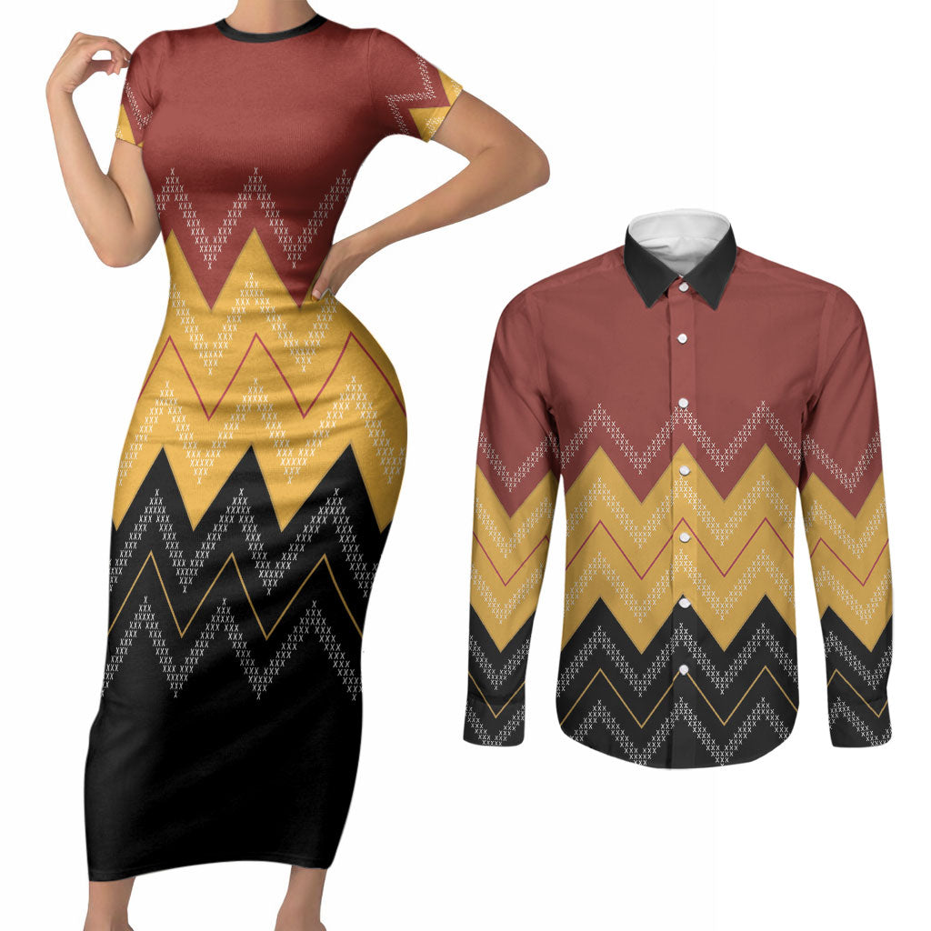 Kaokao Maori Tukutuku Inspired New Zealand Couples Matching Short Sleeve Bodycon Dress and Long Sleeve Button Shirt LT14 Multicolor - Polynesian Pride