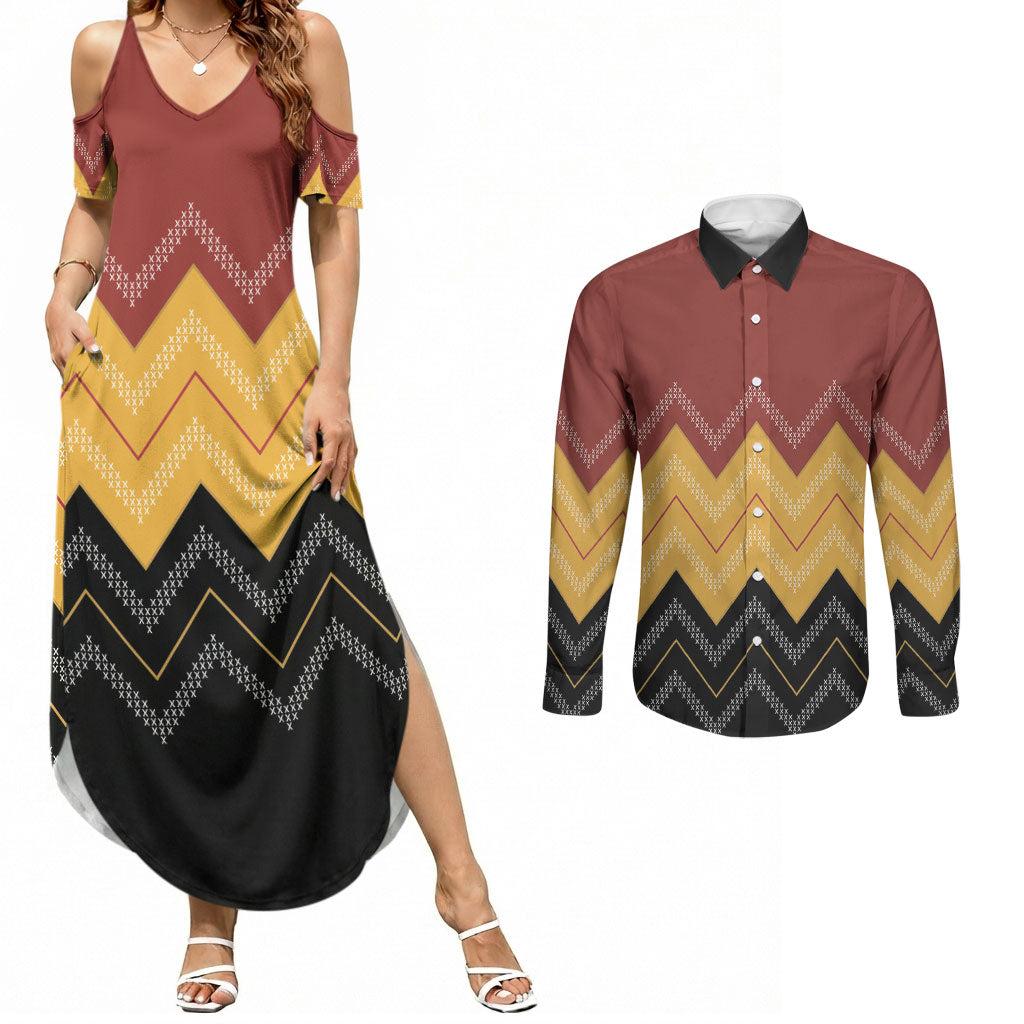 Kaokao Maori Tukutuku Inspired New Zealand Couples Matching Summer Maxi Dress and Long Sleeve Button Shirt
