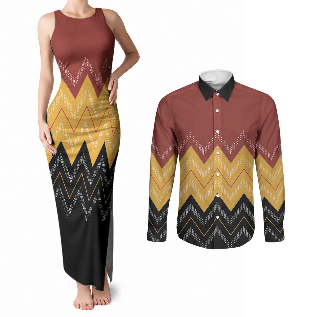 Kaokao Maori Tukutuku Inspired New Zealand Couples Matching Tank Maxi Dress and Long Sleeve Button Shirt