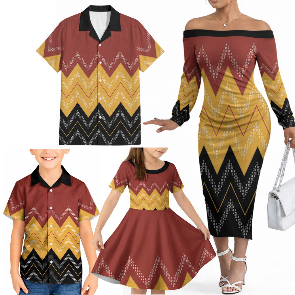 Kaokao Maori Tukutuku Inspired New Zealand Family Matching Off The Shoulder Long Sleeve Dress and Hawaiian Shirt LT14 - Polynesian Pride
