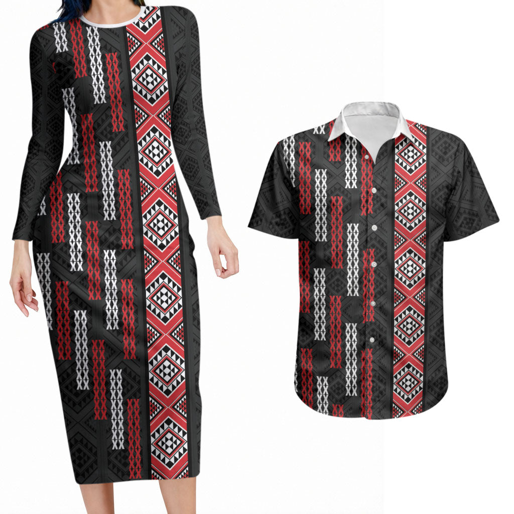 Roimata Toroa Maori Taniko Inspired New Zealand Couples Matching Long Sleeve Bodycon Dress and Hawaiian Shirt LT14 Black - Polynesian Pride