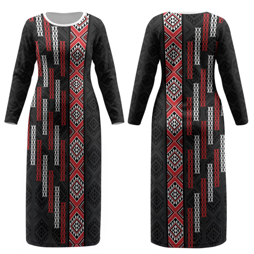 Roimata Toroa Maori Taniko Inspired New Zealand Couples Matching Long Sleeve Bodycon Dress and Hawaiian Shirt LT14 - Polynesian Pride