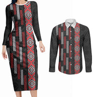 Roimata Toroa Maori Taniko Inspired New Zealand Couples Matching Long Sleeve Bodycon Dress and Long Sleeve Button Shirt LT14 Black - Polynesian Pride