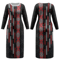 Roimata Toroa Maori Taniko Inspired New Zealand Couples Matching Long Sleeve Bodycon Dress and Long Sleeve Button Shirt LT14 - Polynesian Pride