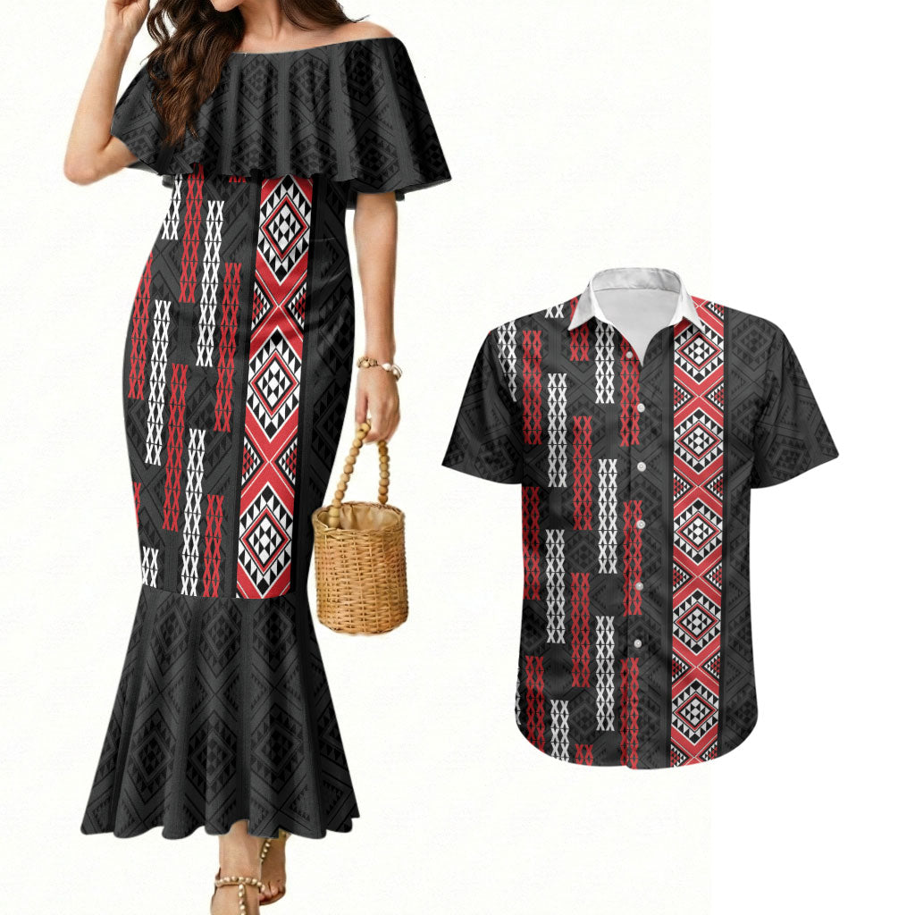 Roimata Toroa Maori Taniko Inspired New Zealand Couples Matching Mermaid Dress and Hawaiian Shirt LT14 Black - Polynesian Pride