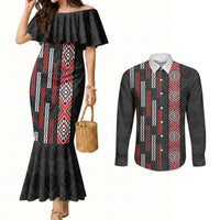 Roimata Toroa Maori Taniko Inspired New Zealand Couples Matching Mermaid Dress and Long Sleeve Button Shirt LT14 Black - Polynesian Pride