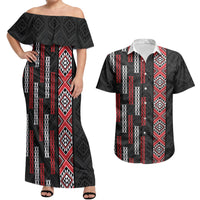 Roimata Toroa Maori Taniko Inspired New Zealand Couples Matching Off Shoulder Maxi Dress and Hawaiian Shirt LT14 Black - Polynesian Pride