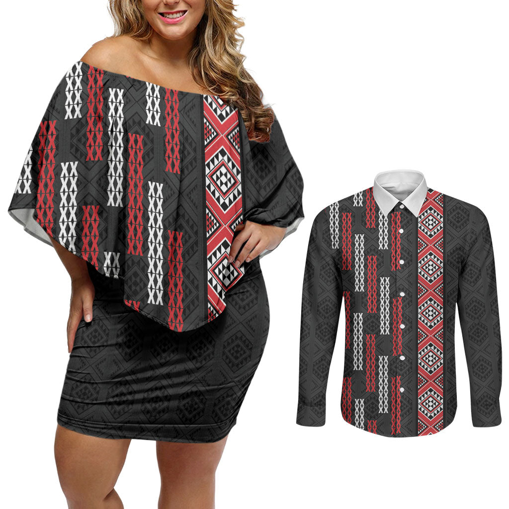 Roimata Toroa Maori Taniko Inspired New Zealand Couples Matching Off Shoulder Short Dress and Long Sleeve Button Shirt LT14 Black - Polynesian Pride