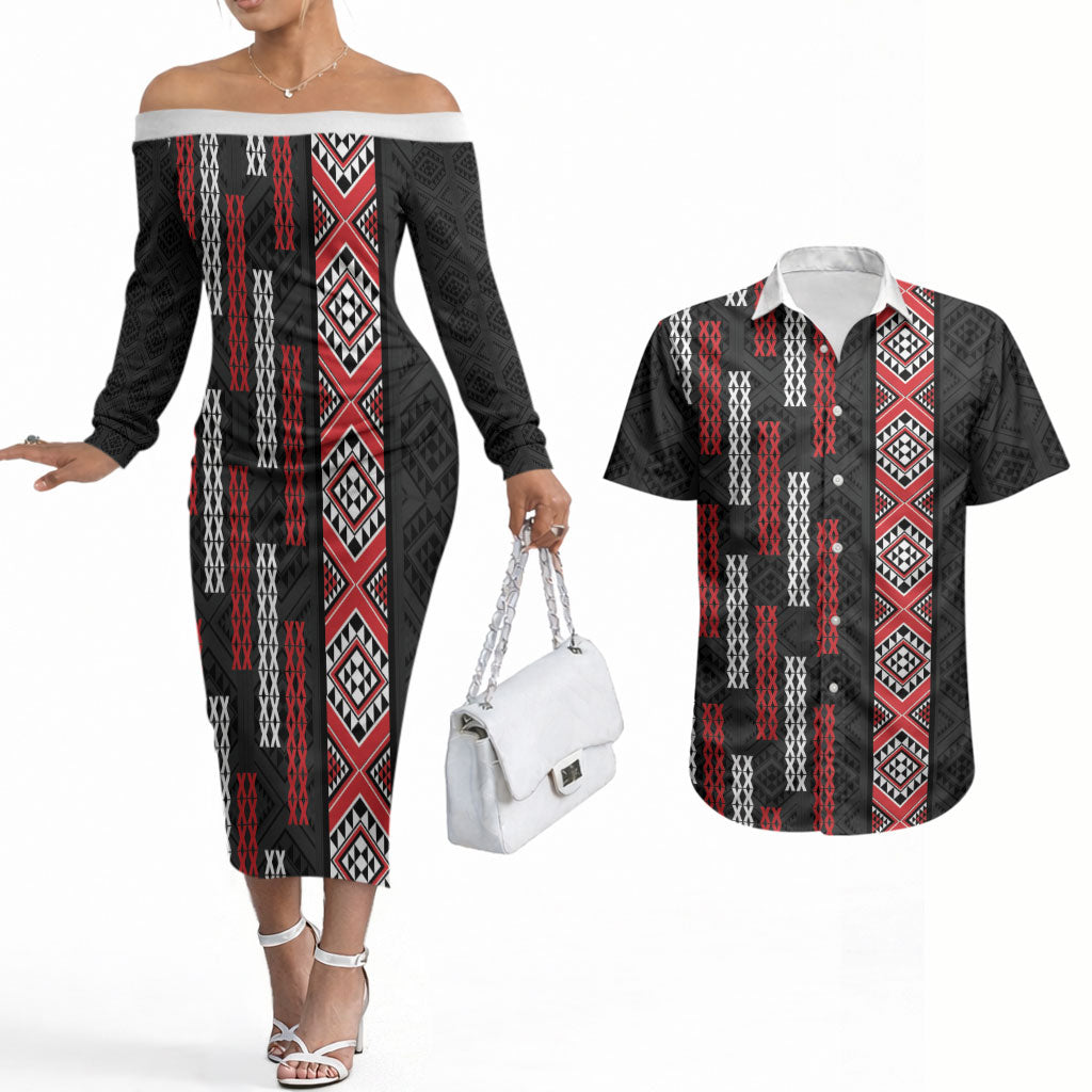 Roimata Toroa Maori Taniko Inspired New Zealand Couples Matching Off The Shoulder Long Sleeve Dress and Hawaiian Shirt LT14 Black - Polynesian Pride