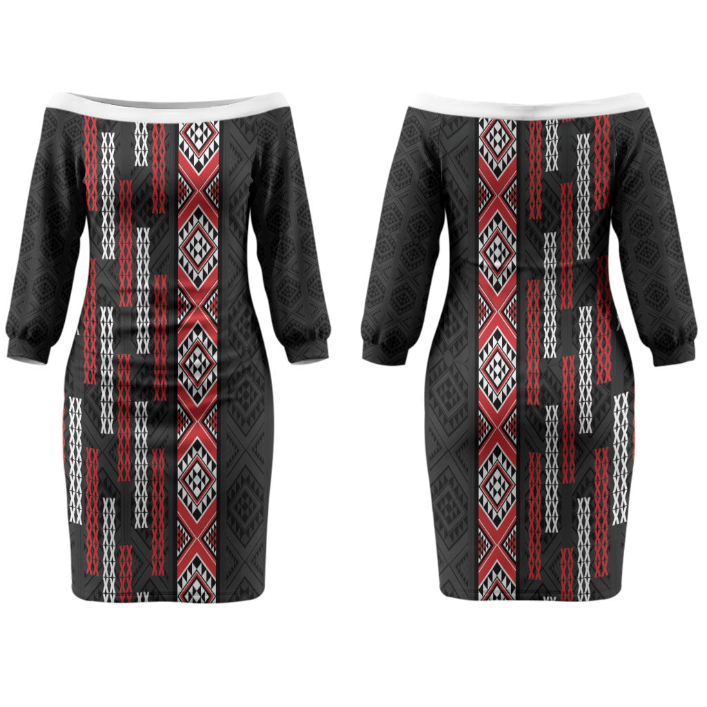 Roimata Toroa Maori Taniko Inspired New Zealand Couples Matching Off The Shoulder Long Sleeve Dress and Long Sleeve Button Shirt LT14 - Polynesian Pride