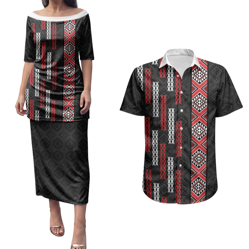 Roimata Toroa Maori Taniko Inspired New Zealand Couples Matching Puletasi and Hawaiian Shirt LT14 Black - Polynesian Pride