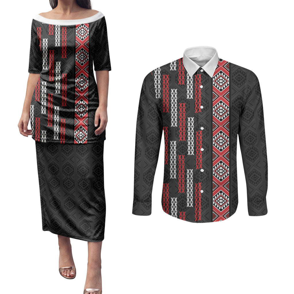 Roimata Toroa Maori Taniko Inspired New Zealand Couples Matching Puletasi and Long Sleeve Button Shirt LT14 Black - Polynesian Pride