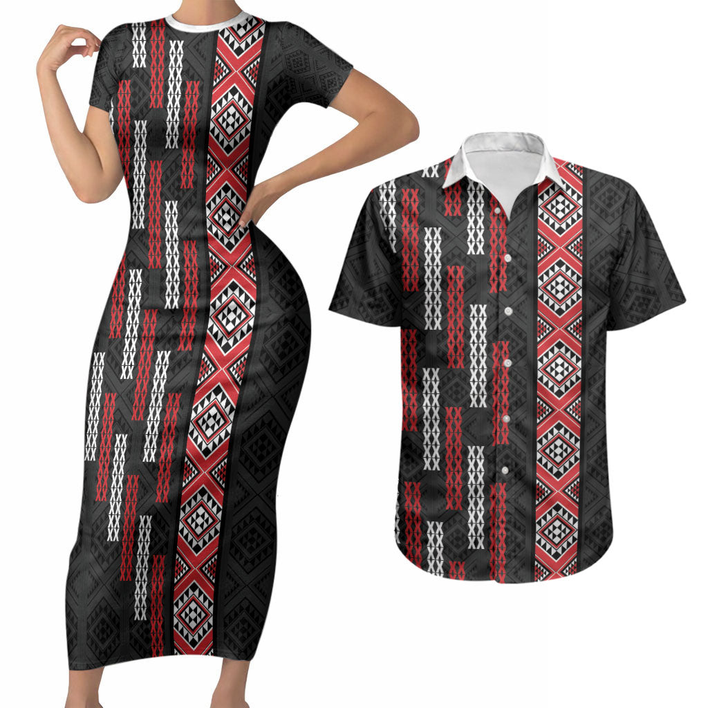 Roimata Toroa Maori Taniko Inspired New Zealand Couples Matching Short Sleeve Bodycon Dress and Hawaiian Shirt LT14 Black - Polynesian Pride