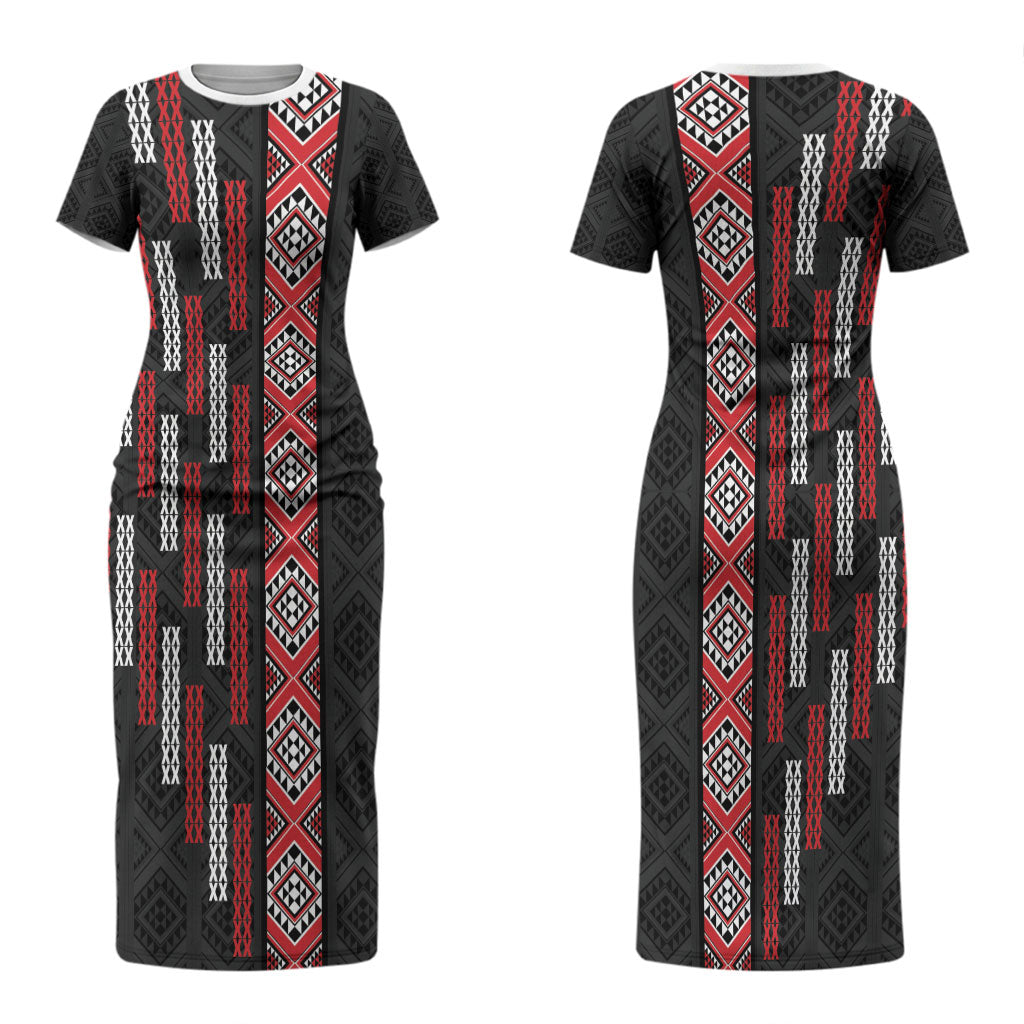 Roimata Toroa Maori Taniko Inspired New Zealand Couples Matching Short Sleeve Bodycon Dress and Hawaiian Shirt LT14 - Polynesian Pride