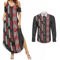 Roimata Toroa Maori Taniko Inspired New Zealand Couples Matching Summer Maxi Dress and Long Sleeve Button Shirt LT14 Black - Polynesian Pride