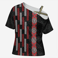 Roimata Toroa Maori Taniko Inspired New Zealand Cross Shoulder Shirt LT14 Female Black - Polynesian Pride