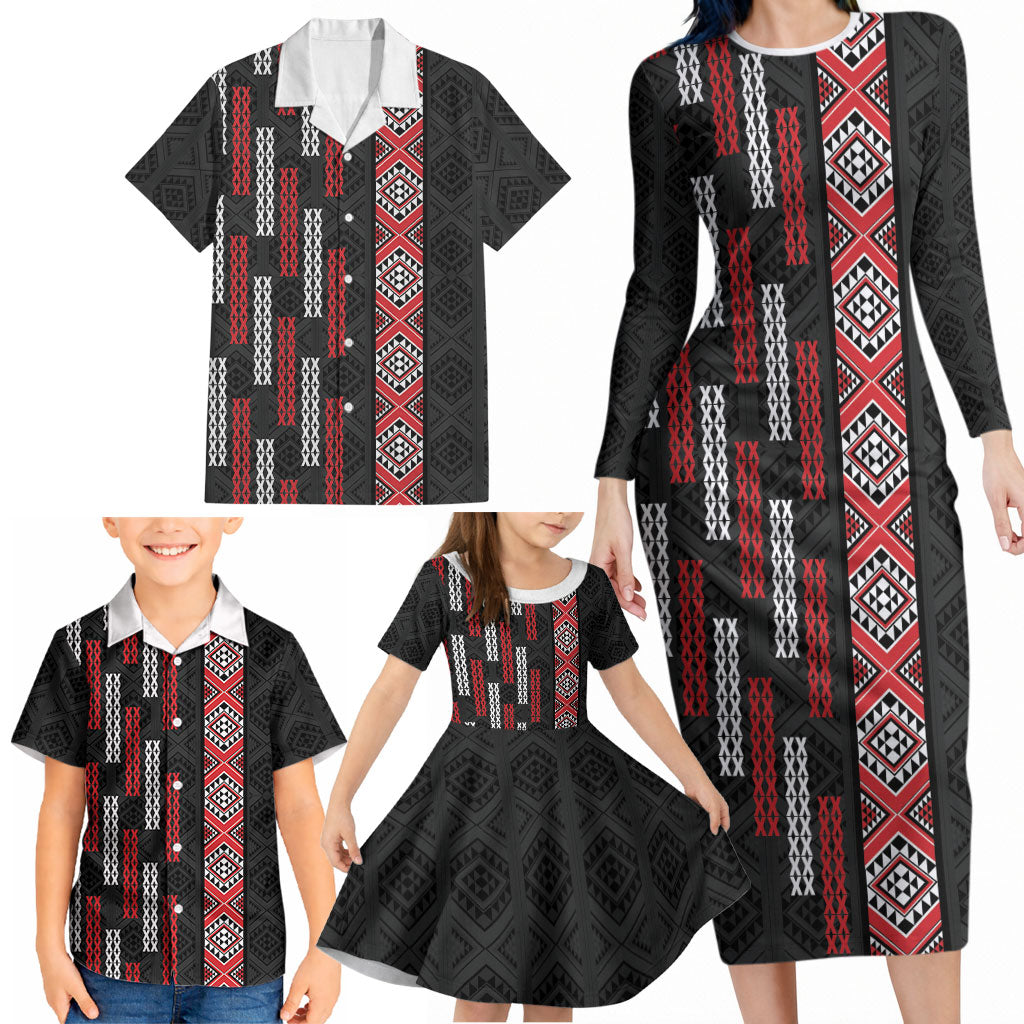 Roimata Toroa Maori Taniko Inspired New Zealand Family Matching Long Sleeve Bodycon Dress and Hawaiian Shirt LT14 - Polynesian Pride