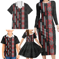 Roimata Toroa Maori Taniko Inspired New Zealand Family Matching Long Sleeve Bodycon Dress and Hawaiian Shirt LT14 - Polynesian Pride