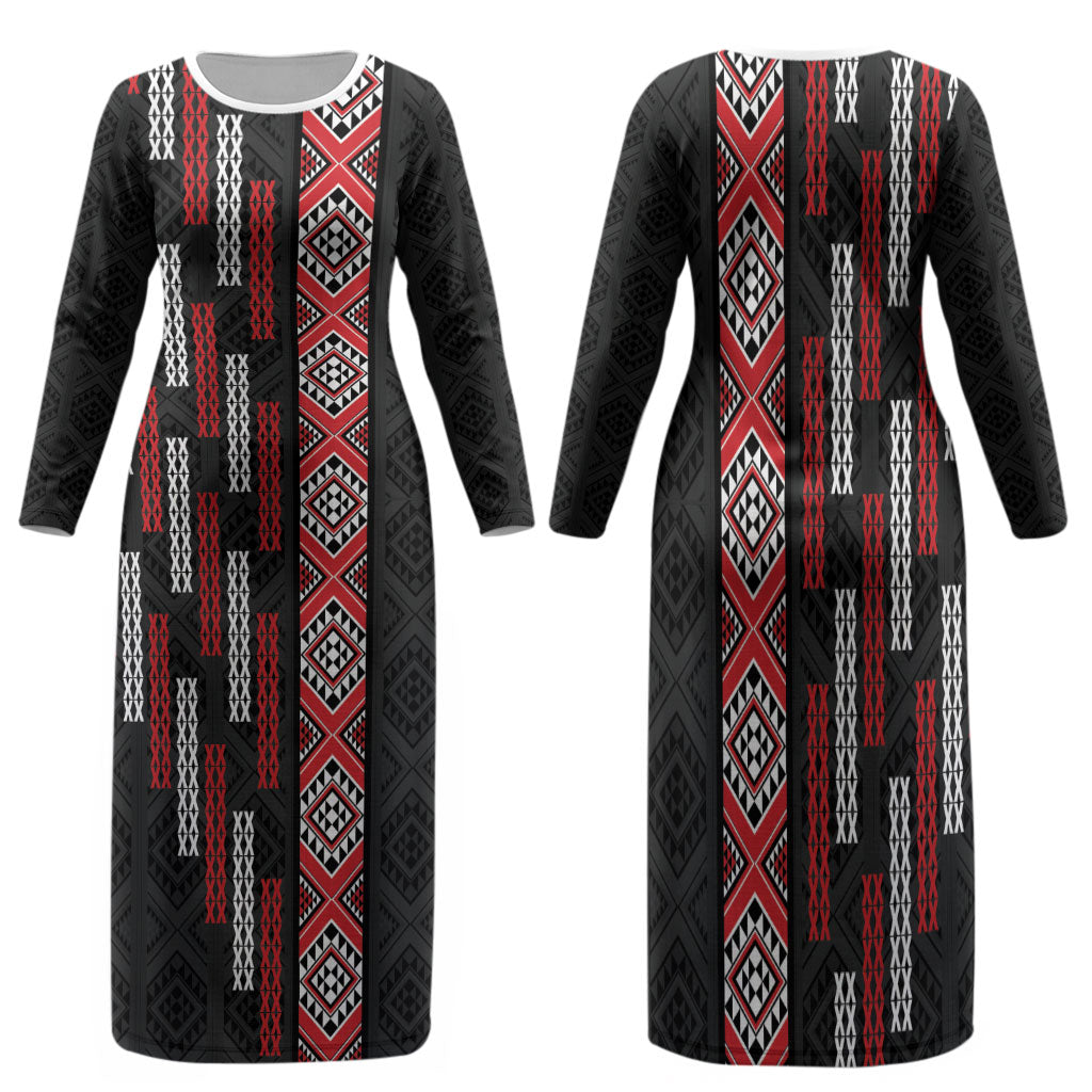 Roimata Toroa Maori Taniko Inspired New Zealand Family Matching Long Sleeve Bodycon Dress and Hawaiian Shirt LT14 Mom's Dress Black - Polynesian Pride