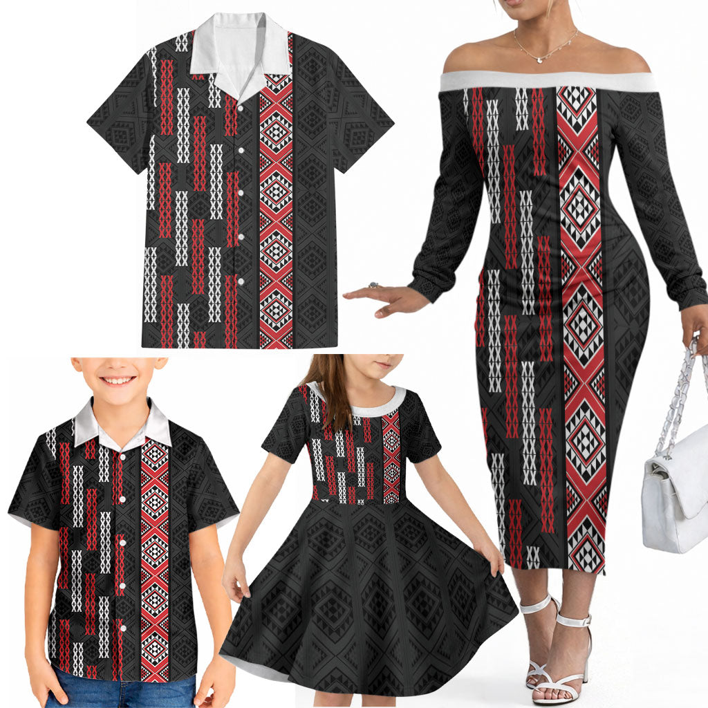 Roimata Toroa Maori Taniko Inspired New Zealand Family Matching Off The Shoulder Long Sleeve Dress and Hawaiian Shirt LT14 - Polynesian Pride