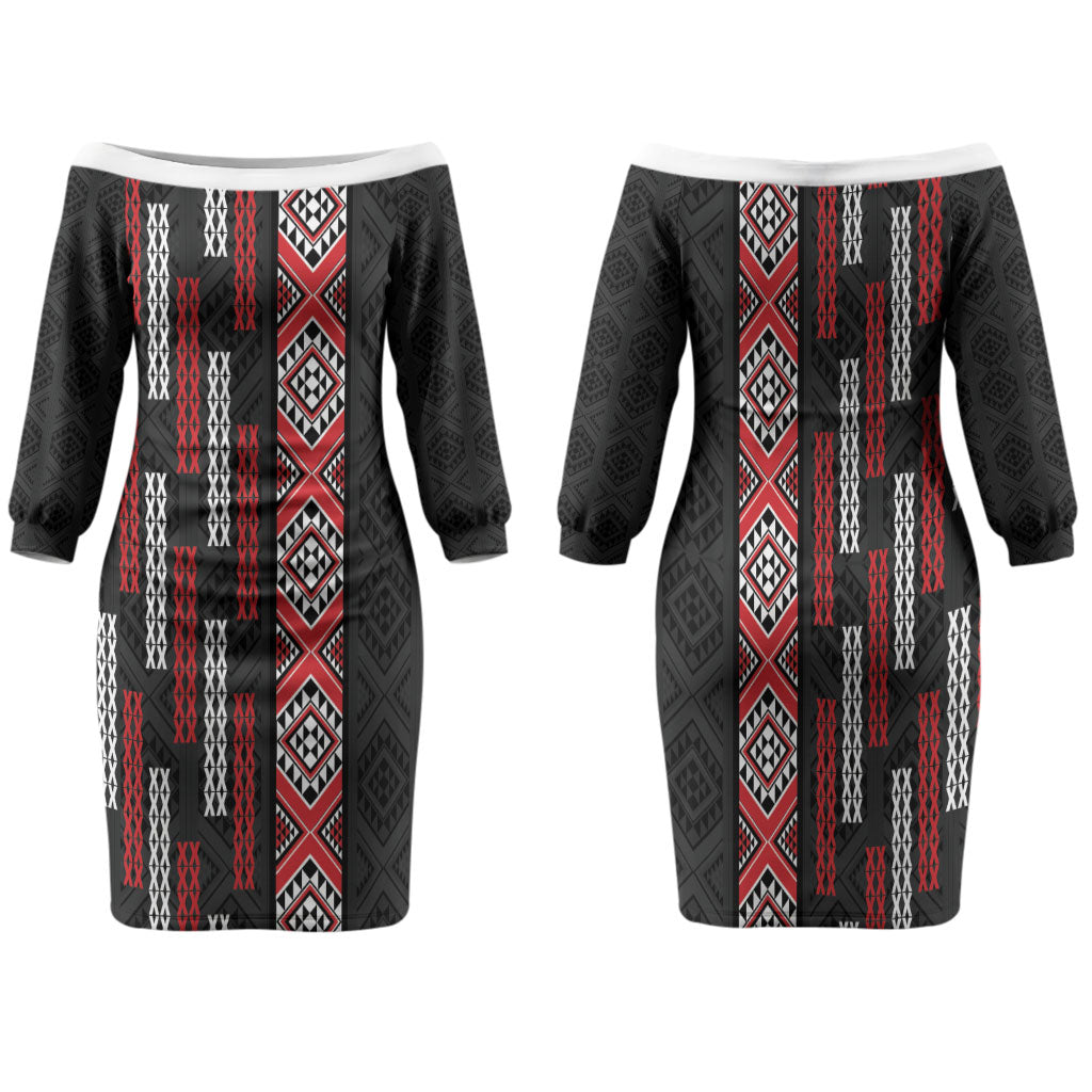 Roimata Toroa Maori Taniko Inspired New Zealand Family Matching Off The Shoulder Long Sleeve Dress and Hawaiian Shirt LT14 Mom's Dress Black - Polynesian Pride