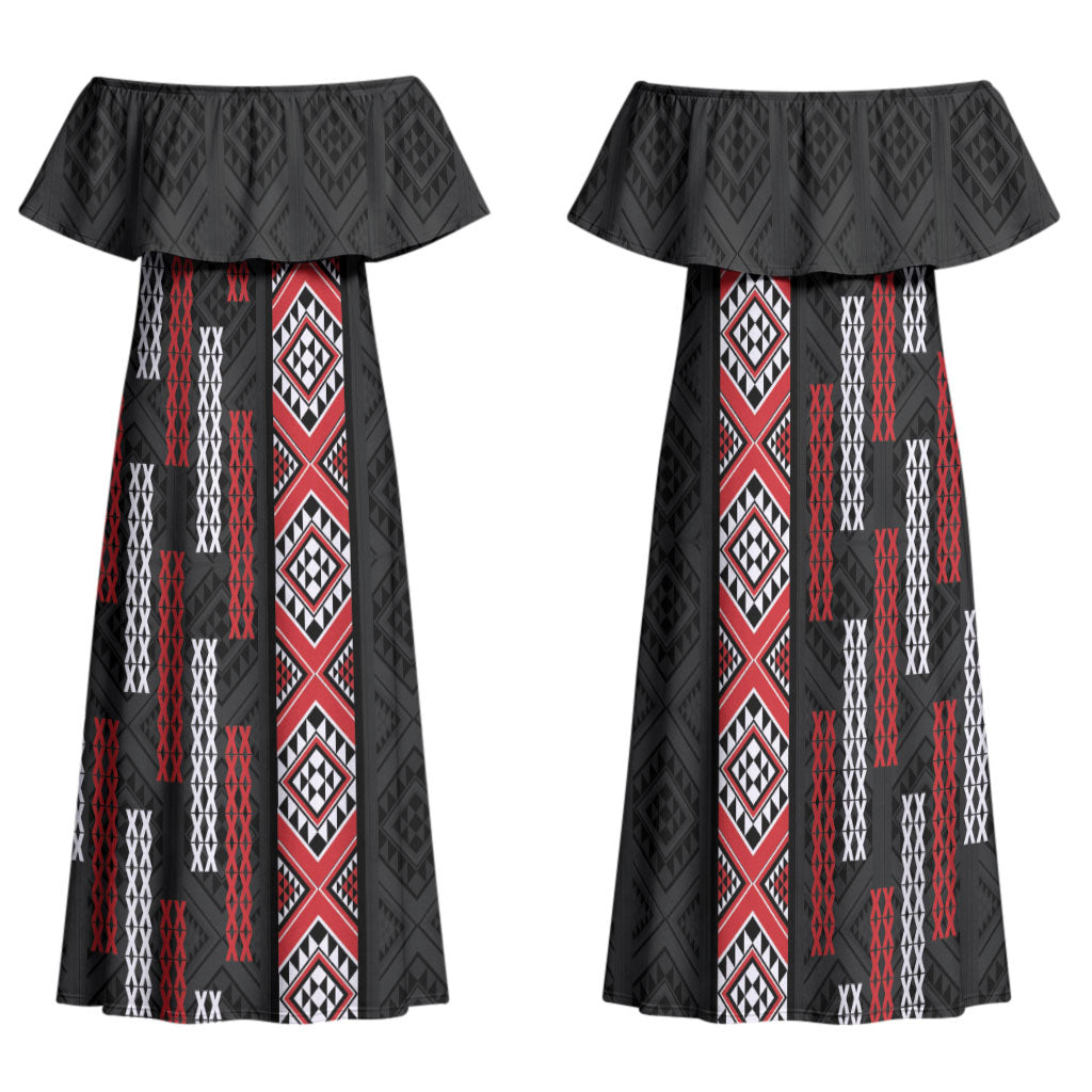 Roimata Toroa Maori Taniko Inspired New Zealand Family Matching Off Shoulder Maxi Dress and Hawaiian Shirt LT14 Mom's Dress Black - Polynesian Pride