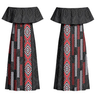 Roimata Toroa Maori Taniko Inspired New Zealand Family Matching Off Shoulder Maxi Dress and Hawaiian Shirt LT14 Mom's Dress Black - Polynesian Pride