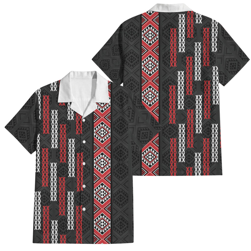 Roimata Toroa Maori Taniko Inspired New Zealand Family Matching Off Shoulder Maxi Dress and Hawaiian Shirt LT14 Dad's Shirt - Short Sleeve Black - Polynesian Pride