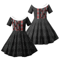 Roimata Toroa Maori Taniko Inspired New Zealand Family Matching Off Shoulder Maxi Dress and Hawaiian Shirt LT14 Daughter's Dress Black - Polynesian Pride