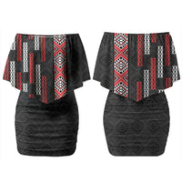 Roimata Toroa Maori Taniko Inspired New Zealand Family Matching Off Shoulder Short Dress and Hawaiian Shirt LT14 Mom's Dress Black - Polynesian Pride