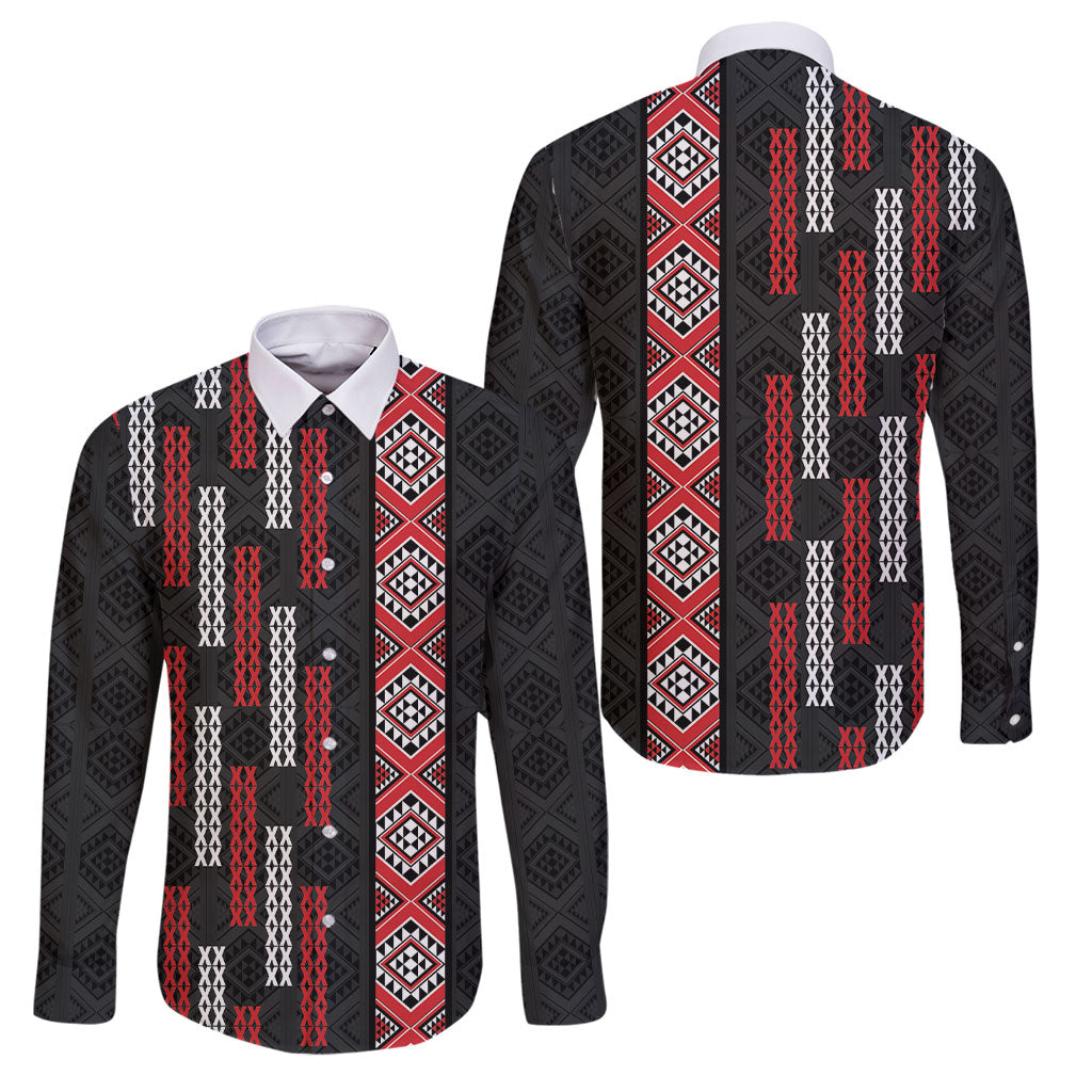 Roimata Toroa Maori Taniko Inspired New Zealand Family Matching Off Shoulder Short Dress and Hawaiian Shirt LT14 Dad's Shirt - Long Sleeve Black - Polynesian Pride