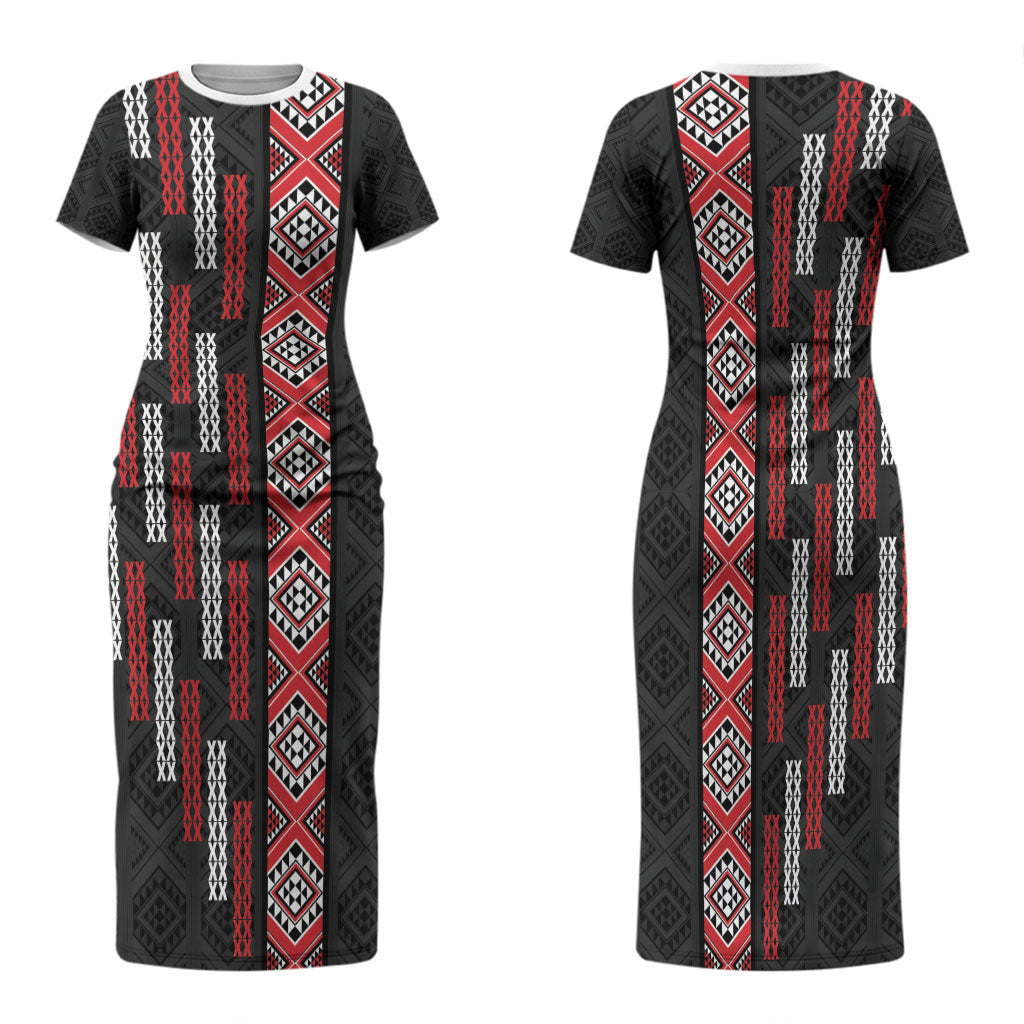 Roimata Toroa Maori Taniko Inspired New Zealand Family Matching Short Sleeve Bodycon Dress and Hawaiian Shirt LT14 Mom's Dress Black - Polynesian Pride