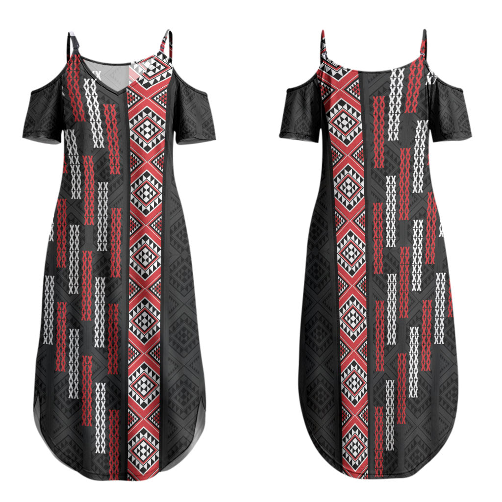 Roimata Toroa Maori Taniko Inspired New Zealand Family Matching Summer Maxi Dress and Hawaiian Shirt LT14 Mom's Dress Black - Polynesian Pride