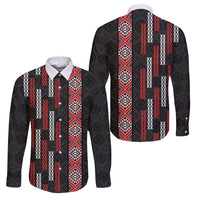 Roimata Toroa Maori Taniko Inspired New Zealand Family Matching Summer Maxi Dress and Hawaiian Shirt LT14 Dad's Shirt - Long Sleeve Black - Polynesian Pride