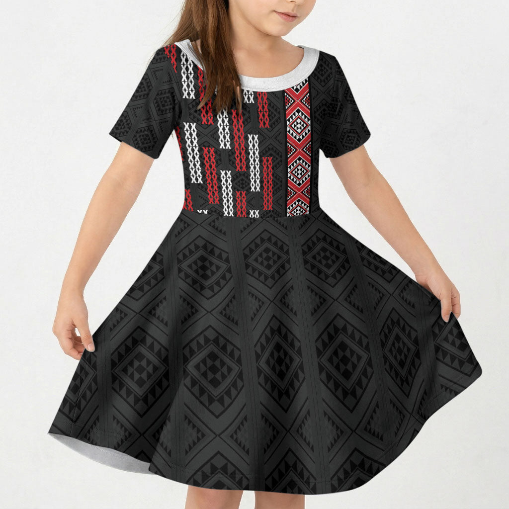 Roimata Toroa Maori Taniko Inspired New Zealand Kid Short Sleeve Dress LT14 KID Black - Polynesian Pride
