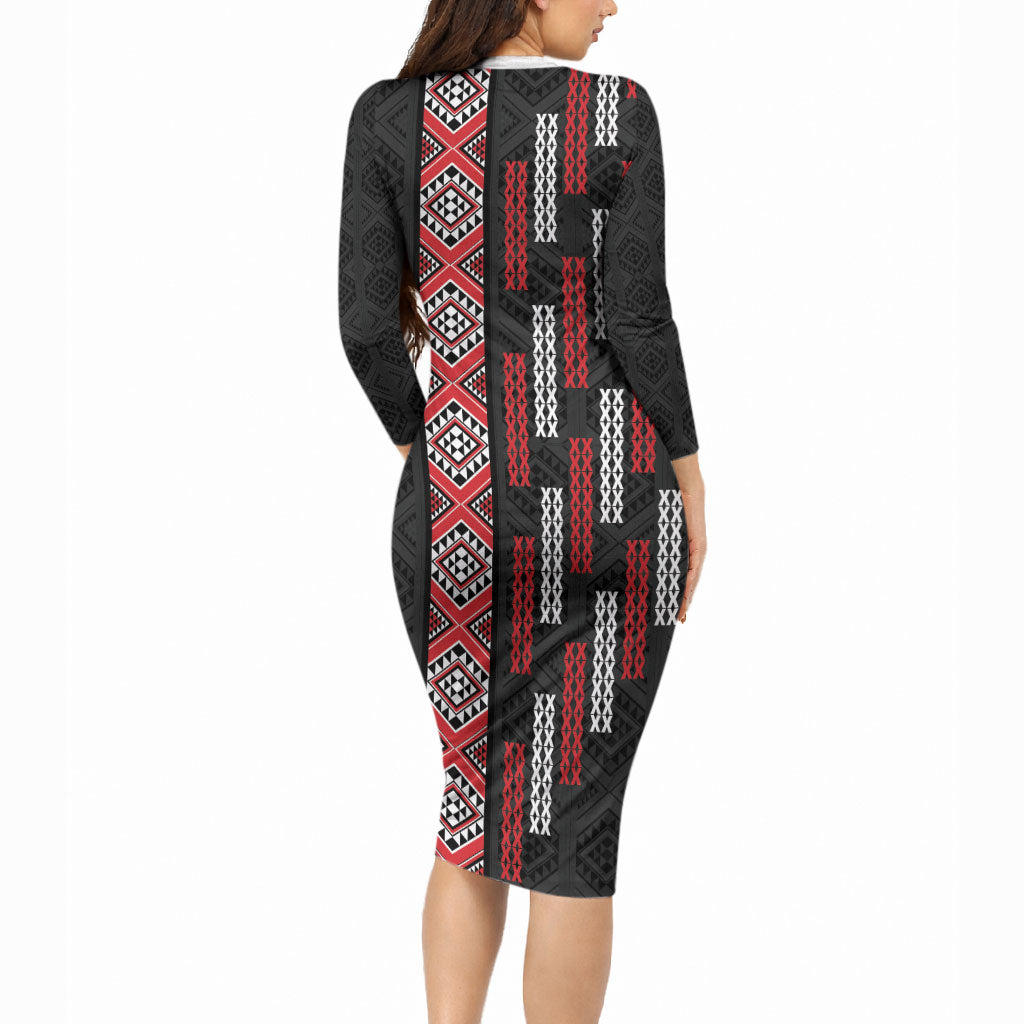 Roimata Toroa Maori Taniko Inspired New Zealand Long Sleeve Bodycon Dress LT14 - Polynesian Pride
