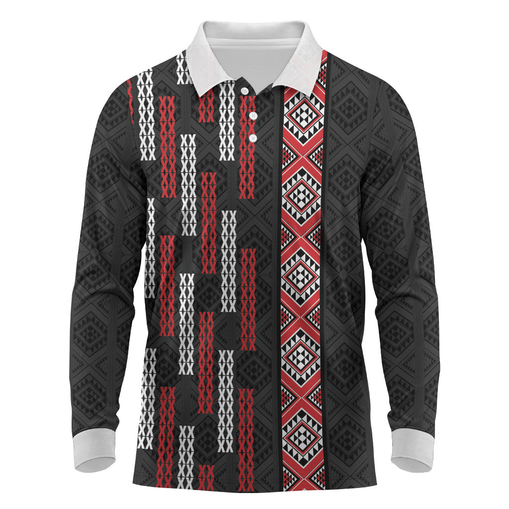 Roimata Toroa Maori Taniko Inspired New Zealand Long Sleeve Polo Shirt LT14 Black - Polynesian Pride