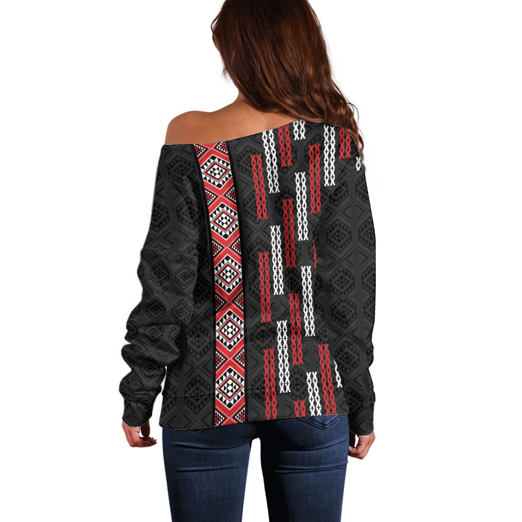 Roimata Toroa Maori Taniko Inspired New Zealand Off Shoulder Sweater LT14 - Polynesian Pride