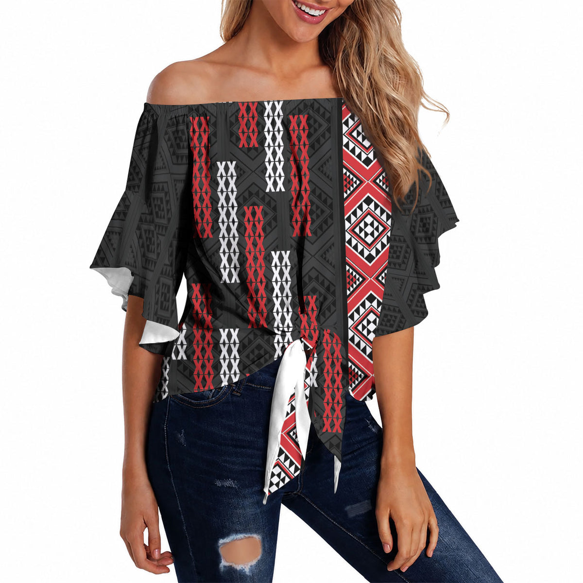 Roimata Toroa Maori Taniko Inspired New Zealand Off Shoulder Wrap Waist Top LT14 Black - Polynesian Pride