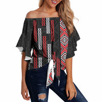 Roimata Toroa Maori Taniko Inspired New Zealand Off Shoulder Wrap Waist Top LT14 Black - Polynesian Pride