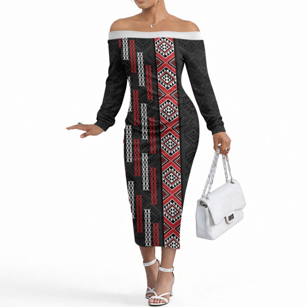 Roimata Toroa Maori Taniko Inspired New Zealand Off The Shoulder Long Sleeve Dress LT14 Women Black - Polynesian Pride