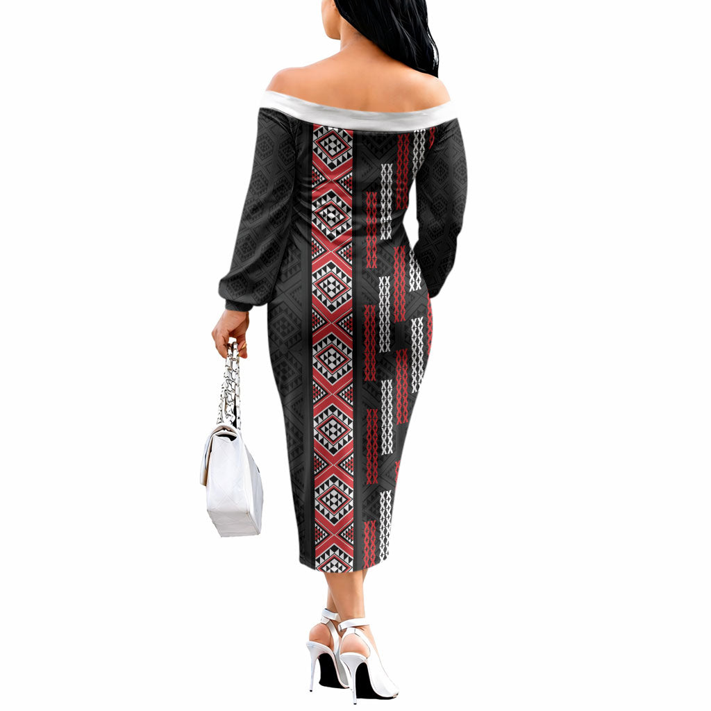 Roimata Toroa Maori Taniko Inspired New Zealand Off The Shoulder Long Sleeve Dress LT14 - Polynesian Pride